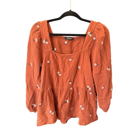 Madewell Amie Floral Embroidered Lightspun Millbrook Puff-Sleeve Peplum Top XL - Picture 5 of 11